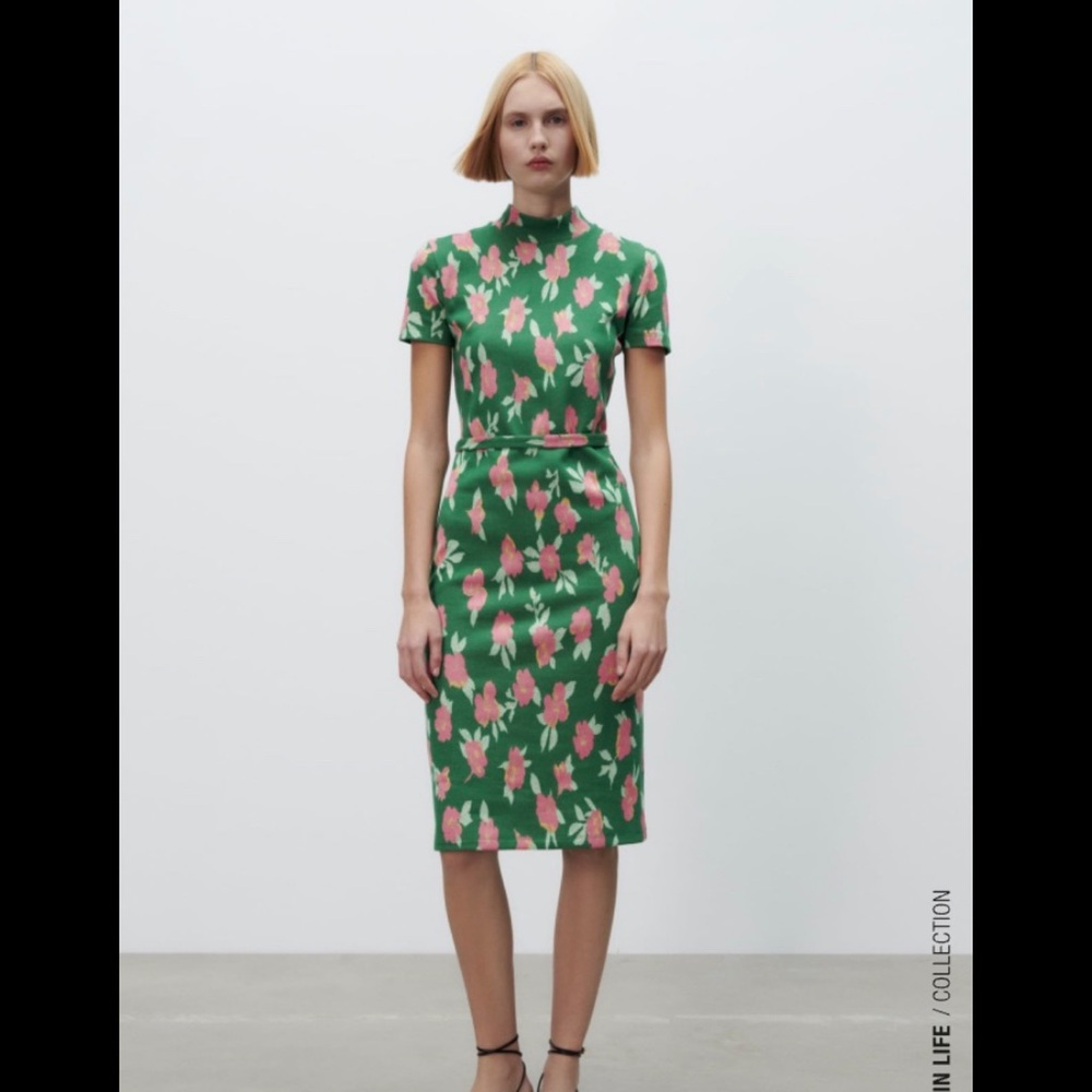 Zara Green and Pink Floral Midi Dress - Picture 2 of 2